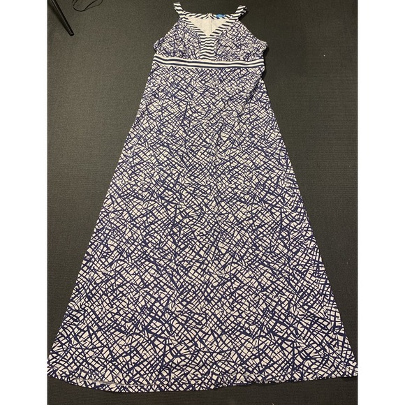 J McLaughlin Dress Womens XL Navy Maxi Resort Coastal Beach Geo Stripe‎ Cruise - Picture 1 of 6